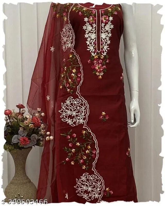 Embroidered Unstitched Suit for Women (Maroon, 2.25 m)