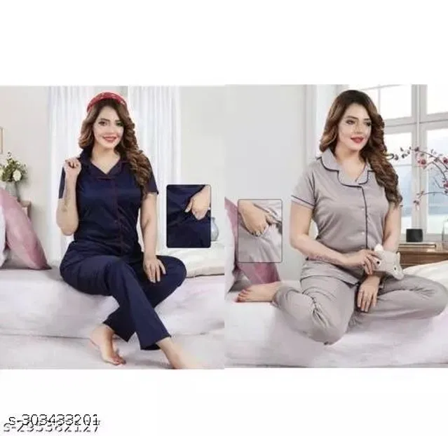 Satin Nightsuit for Women (Navy Blue & Grey, XXL) (Pack of 2)