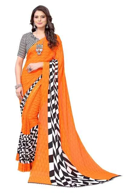 Women Georgette Printed Saree With Unstitched Blouse (Orange) (SD-32)