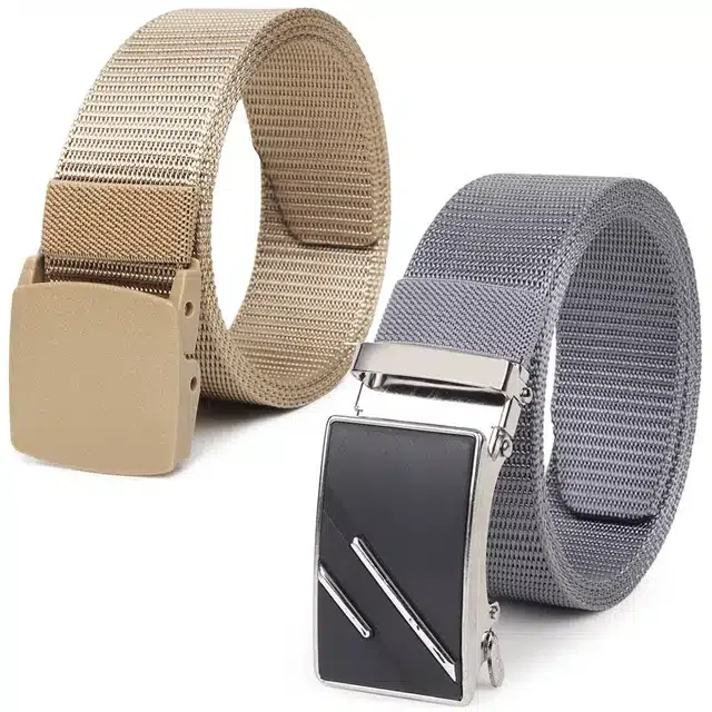 Casual Nylon Belts for Men (Cream & Grey, Pack of 2)