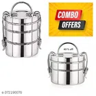 Stainless Steel 3 Layer Lunch Box (Silver, Pack of 2)