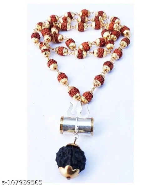 Cap Mala with Silver Damru Gold Plated Rudraksha Mala Resin Chain Set for Men (Silver)