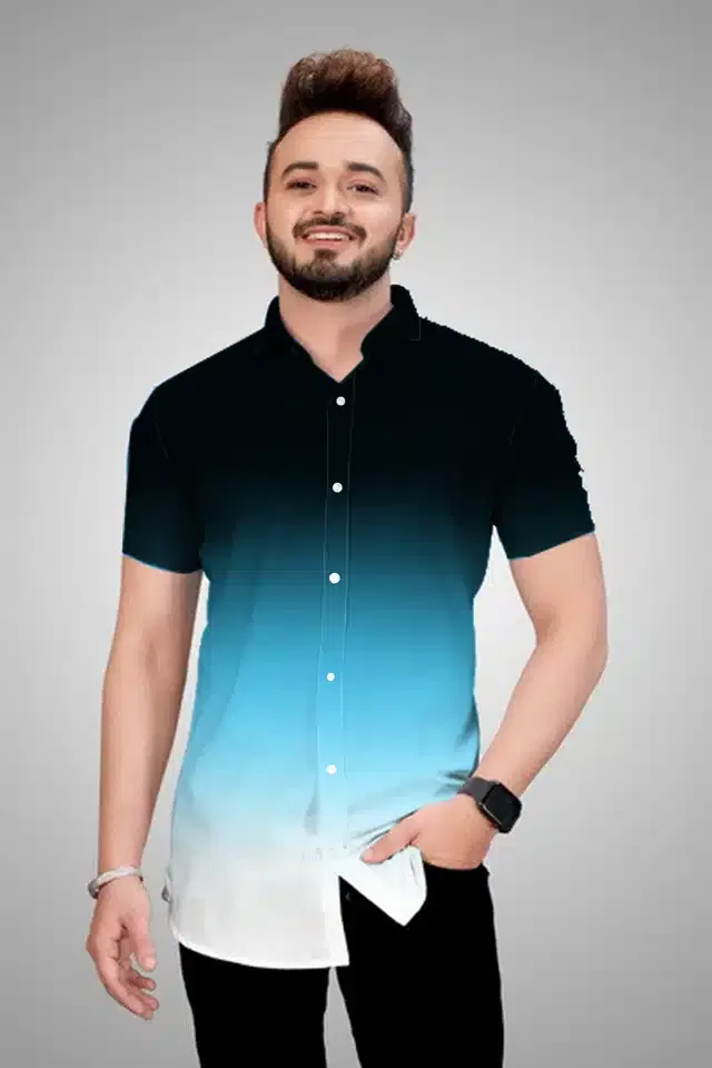 Men's Color Block Short Sleeves Shirt (Aqua Blue, M)