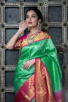 Litchi Silk Zari Woven Saree for Women, Green 