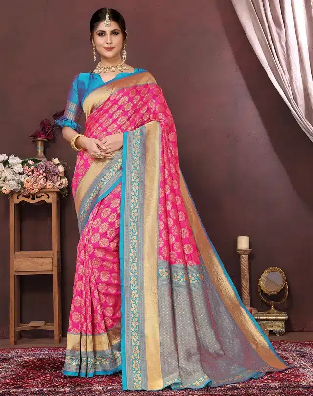 Banarasi Silk Zari Woven Saree for Women (Pink, 6 m)