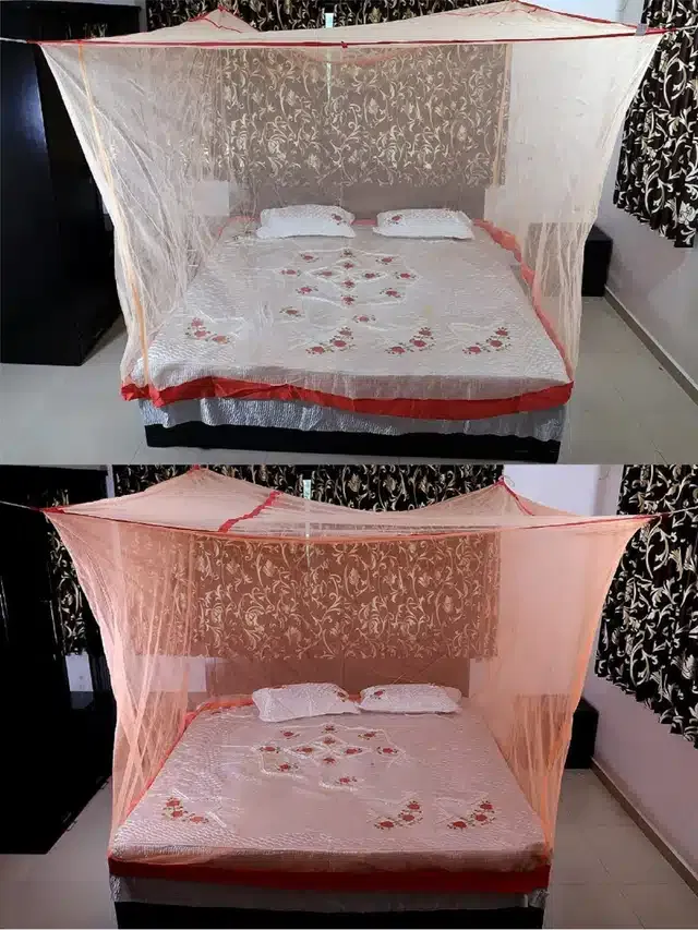 Polyester Double Bed Mosquito Net (Pack of 2) (Red & Orange, 6x6 feet)