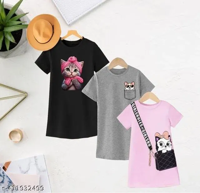 Cotton Dress for Girls (Multicolor, 7-8 Years) (Pack of 3)