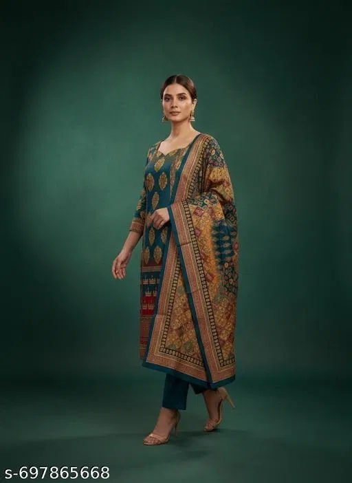 Bandhani Printed Jaipuri Designs Embroidered Top Bottom Duppata for Women (Blue, Un Stitched)