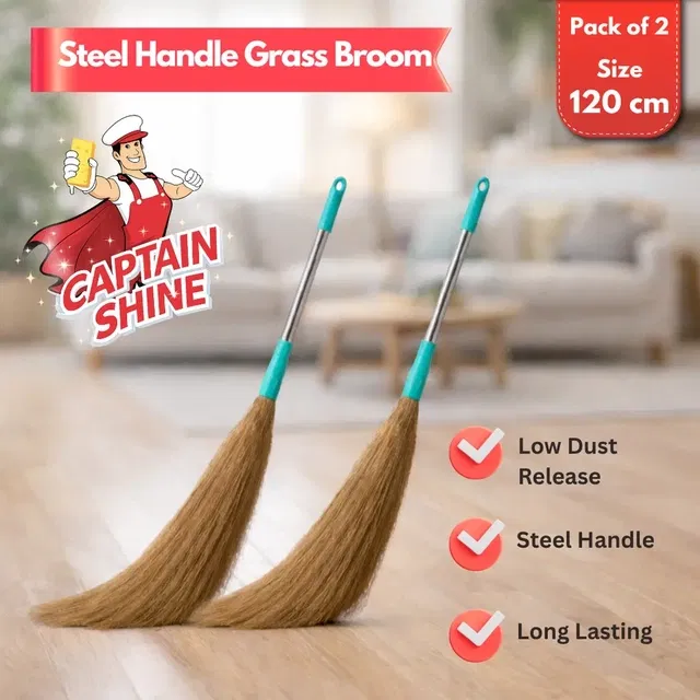 Captain Shine Grass Broom with Steel Handle, 2X360g [Net], 120cm (Pack of 2)