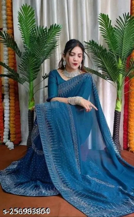 Georgette Embellished Saree for Women, Teal (6.3 m)