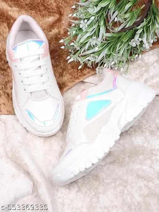 Solid Synthetic Sneakers for Girls (White, 9.5-10 Years)