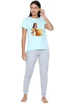 Cotton Blend Printed T-shirt for Women, Aqua Blue 