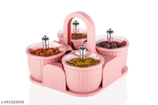 Plastic 4 Pcs Multipurpose Pickle Containers with Lid & Holder (Assorted, Set of 1)
