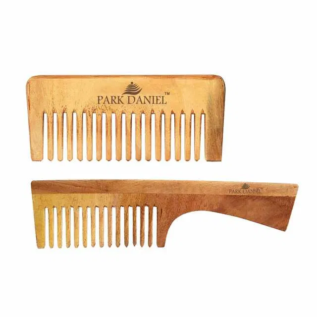 Park Daniel Natural & Ecofriendly Handmade Medium Detangler Neem Wooden Comb (Pack Of 2) (5.5 inches, 7.5 inches) (SE-273)