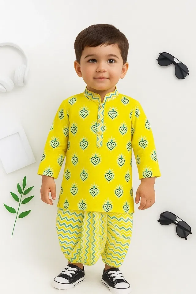 Cotton Blend Printed Kurta with Dhoti for Boys, Yellow (1-2 Years)