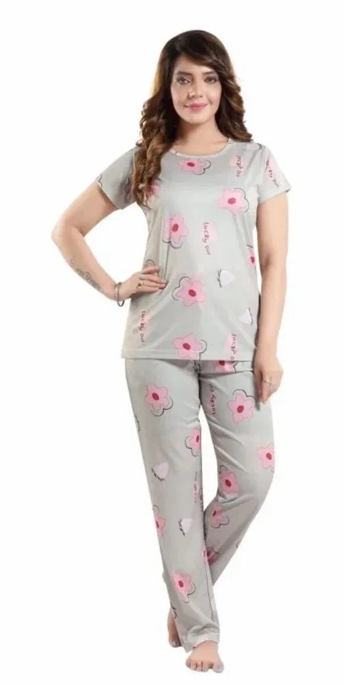 Satin Nightsuit for Women (Grey, XL)