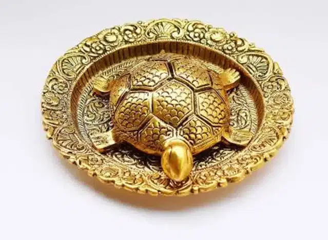 Metal Tortoise with Plate Showpiece (Brass, Set of 1)