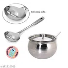 Stainless Steel Oil Container Pot Set with Ladle (Silver, Set of 2)