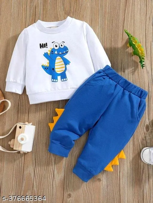 Hosiery Cotton Clothing Set for Boys (White & Blue, 6-9 Months)