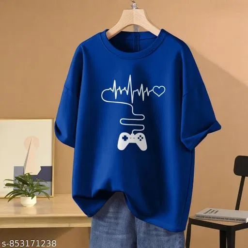 Cotton Blend Printed T-shirt for Women, Blue (L)