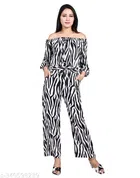 Crepe Printed Jumpsuit for Women & Girls (White & Black, S)