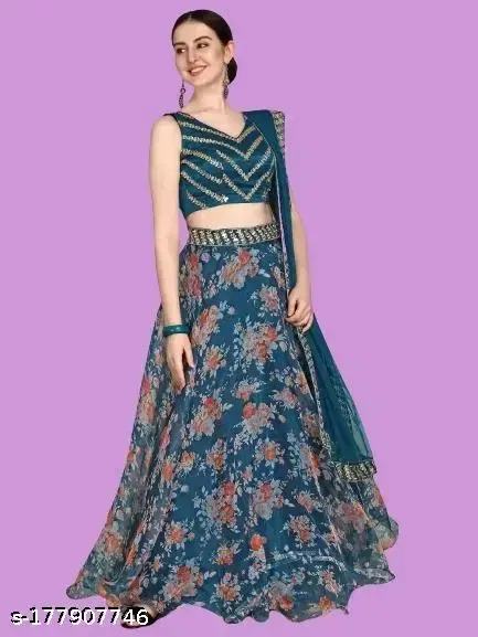 Net Embroidered Semi Stitched Lehenga Choli with Dupatta for Women (Teal)
