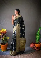 Litchi Silk Botanical Saree for Women, Black 