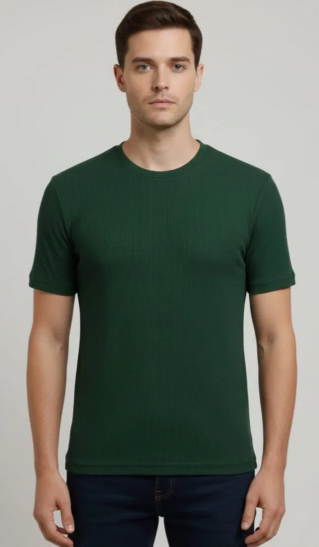 Round Neck Solid T-Shirt For Men, Dark Green (S)