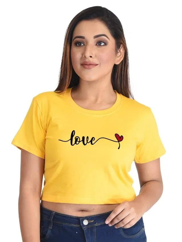 Cotton Blend Printed Tops for Women (Yellow, M)