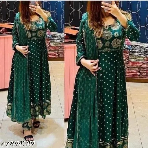 Micro Print Anarkali Dupatta Set for Women (Green, XXL)