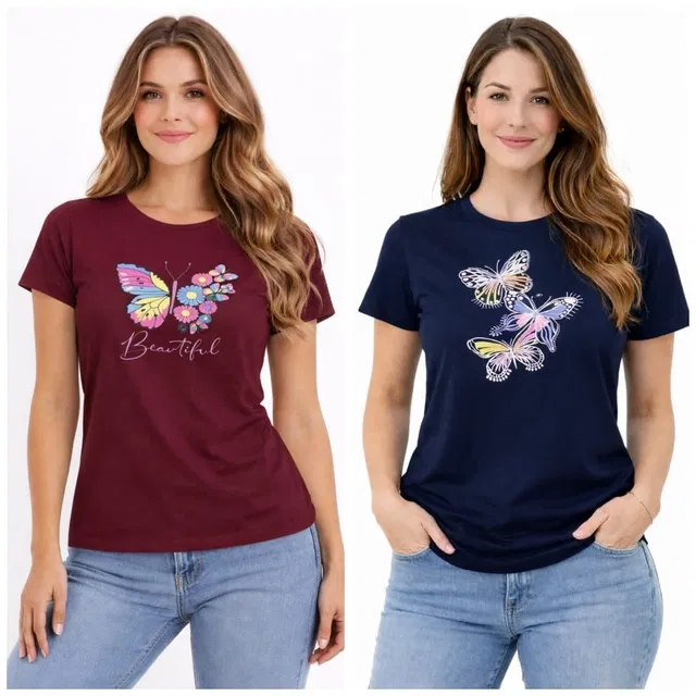 Cotton Blend T-shirt for Women, Navy Blue & Maroon, Pack of 2 (L)
