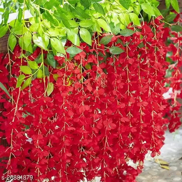 Polyester Artificial Hanging Flower Garlands (Green & Red, Pack of 12)