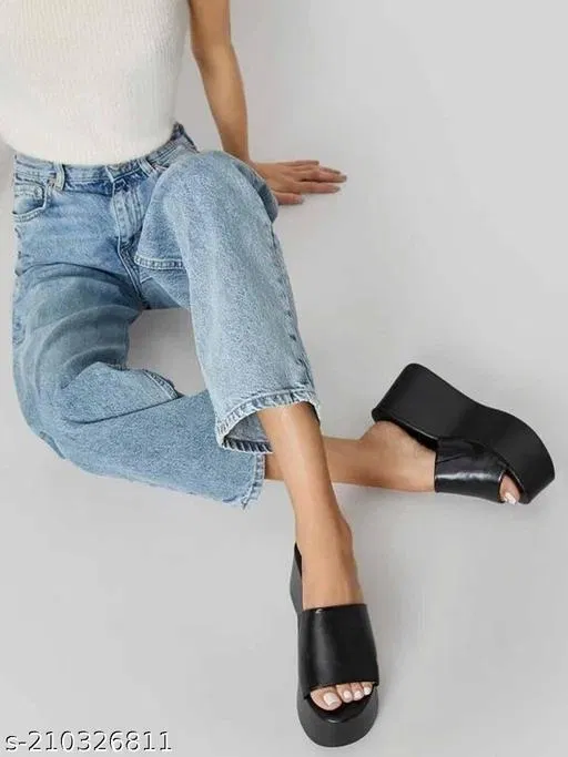 Shoetopia Black Synthetic Platform Round Toe Sandals (IND-6)