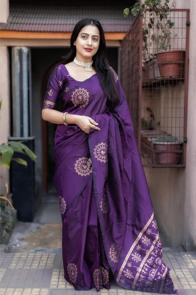 Banarasi Woven Silk Blend Saree for Women (Purple)
