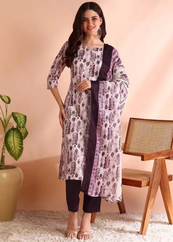 Cotton Printed Women's Kurta with Pant & Dupatta Set (Wine, S)