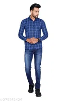 Cotton Blend Checked Shirt for Men, Blue 