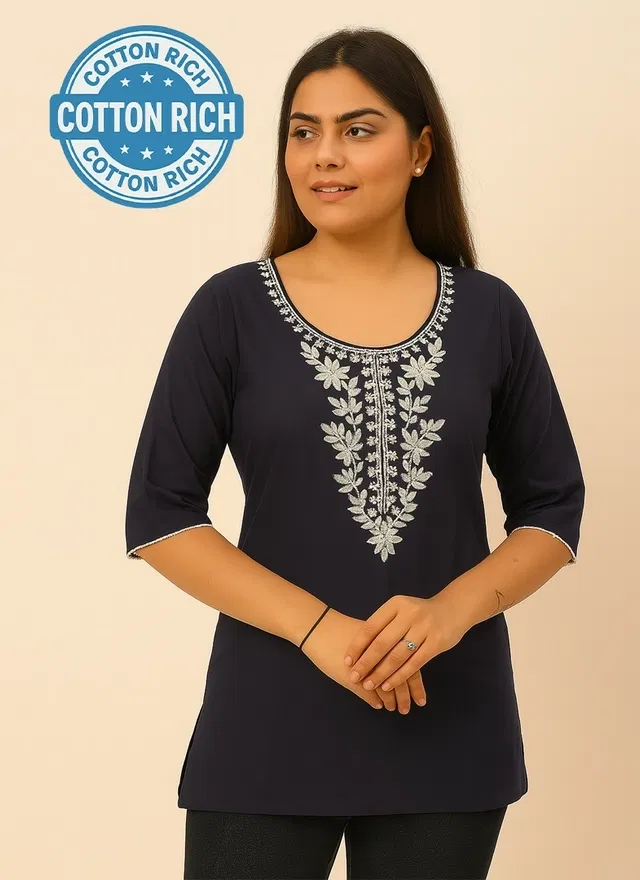 Cotton Embroidered Short Kurti for Women (Navy Blue, M)