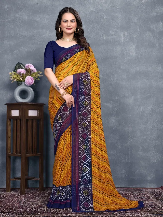 Georgette Printed Saree for Women (Navy Blue & Yellow, 6.3 m)