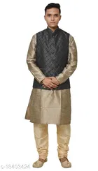 Cotton Blend Solid Kurta with Pyjama & Jacket for Men 