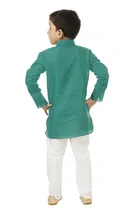 Cotton Blend Embroidery Kurta with Payjama for Boys, Teal & White 
