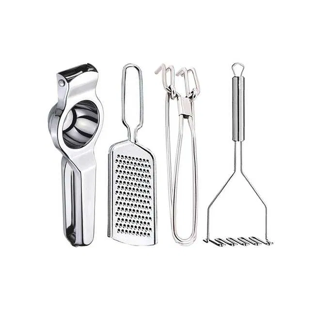 Oc9 Stainless Steel Lemon Squeezer & Cheese Grater & Pakkad & Potato Masher Kitchen Tool Set (O-71)