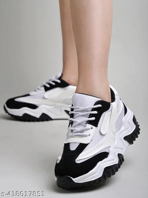 Solid Synthetic Sneakers for Women (Black, IND-8)