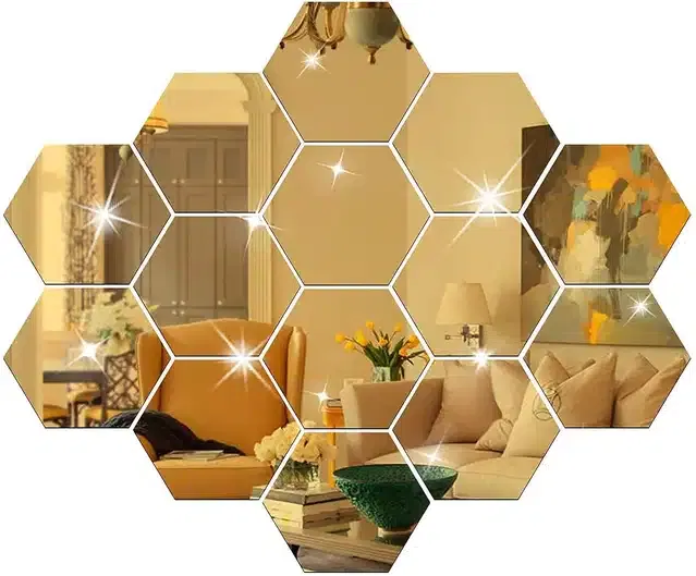 Acrylic Hexagon Shaped Wall Mirror Stickers (Gold, Pack of 14)