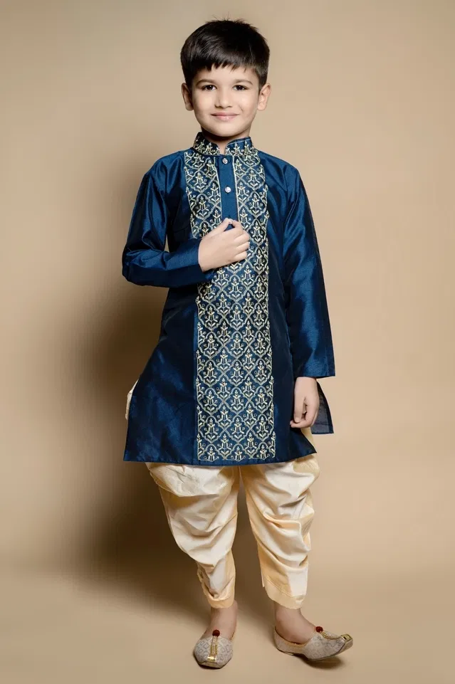 Dupion Silk Embroidery Kurta with Dhoti for Boys, Navy Blue & White (8-9 Years)