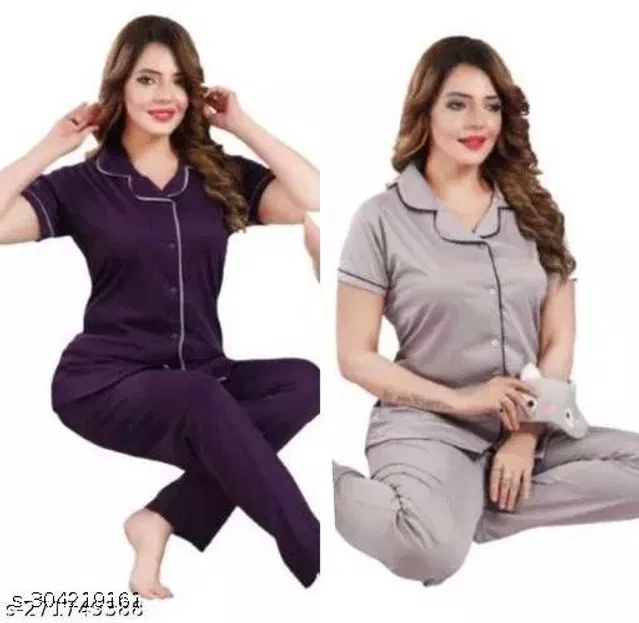 Satin Nightsuit for Women (Purple & Grey, XXXL) (Pack of 2)