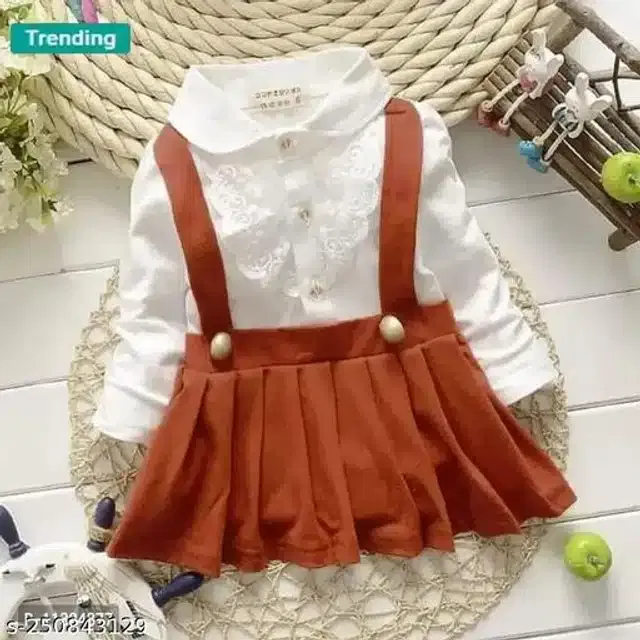 Crepe Full Sleeves Dress for Girls (White & Rust, 1-2 Years)