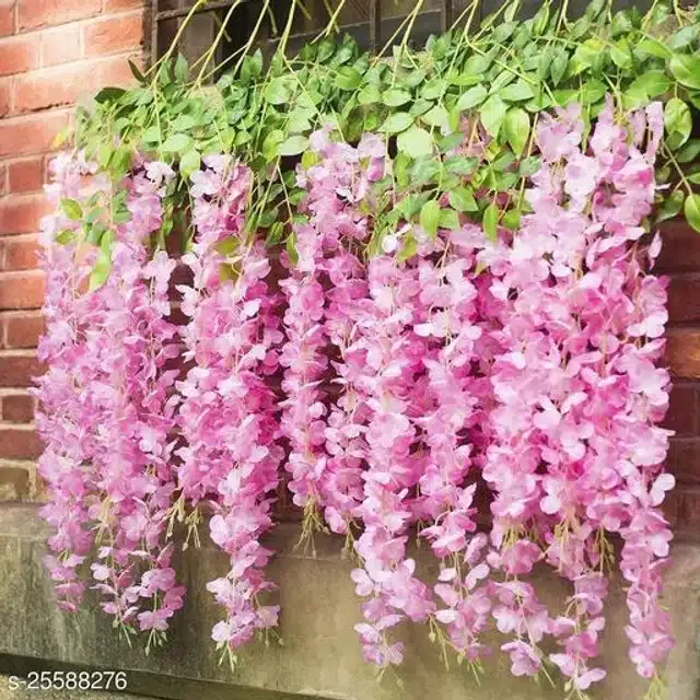 Polyester Artificial Hanging Flower Garlands (Pink & Green, Pack of 6)