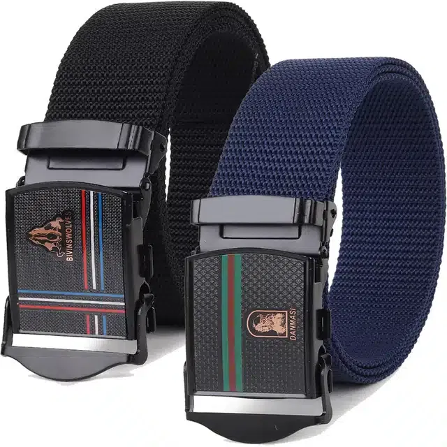 Casual Nylon Belts for Men (Black & Blue, Pack of 2)