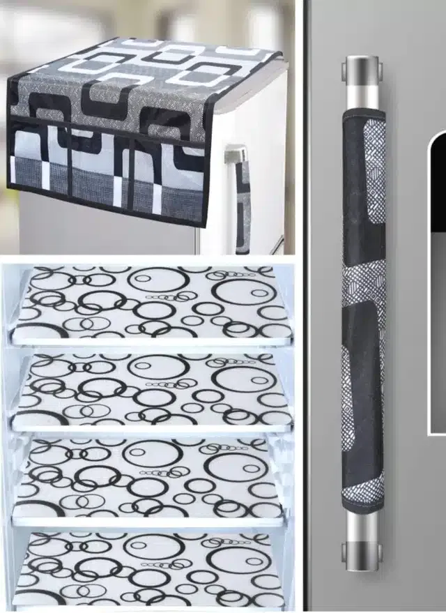 Knit Printed Fridge 4 Pcs Mat with Handle & Top Cover (Multicolor, Set of 1)