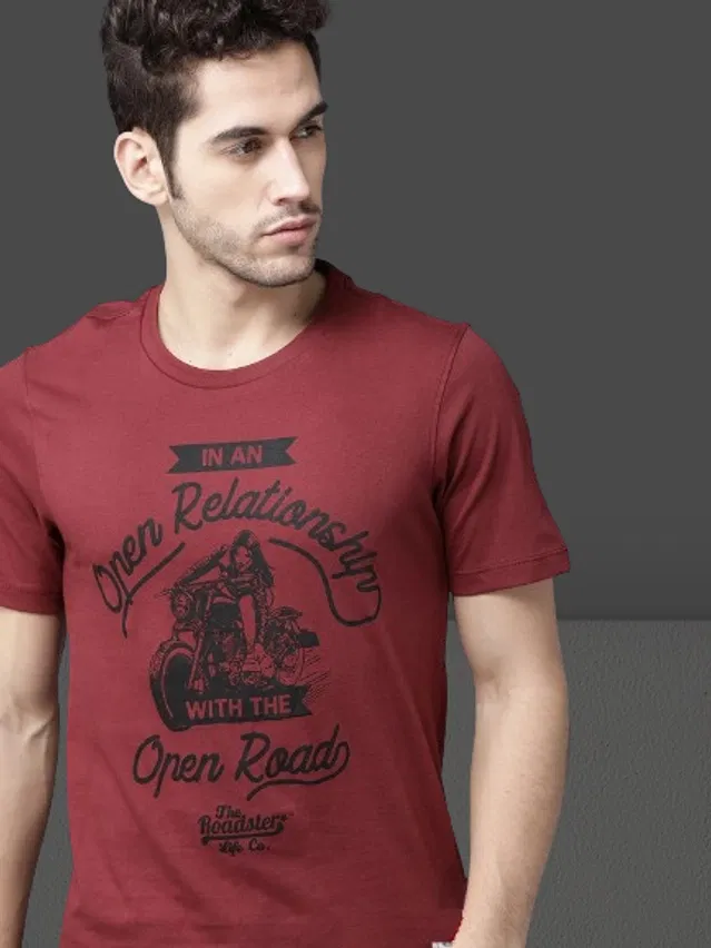 Round Neck Printed T-Shirt for Men (Maroon, XL)